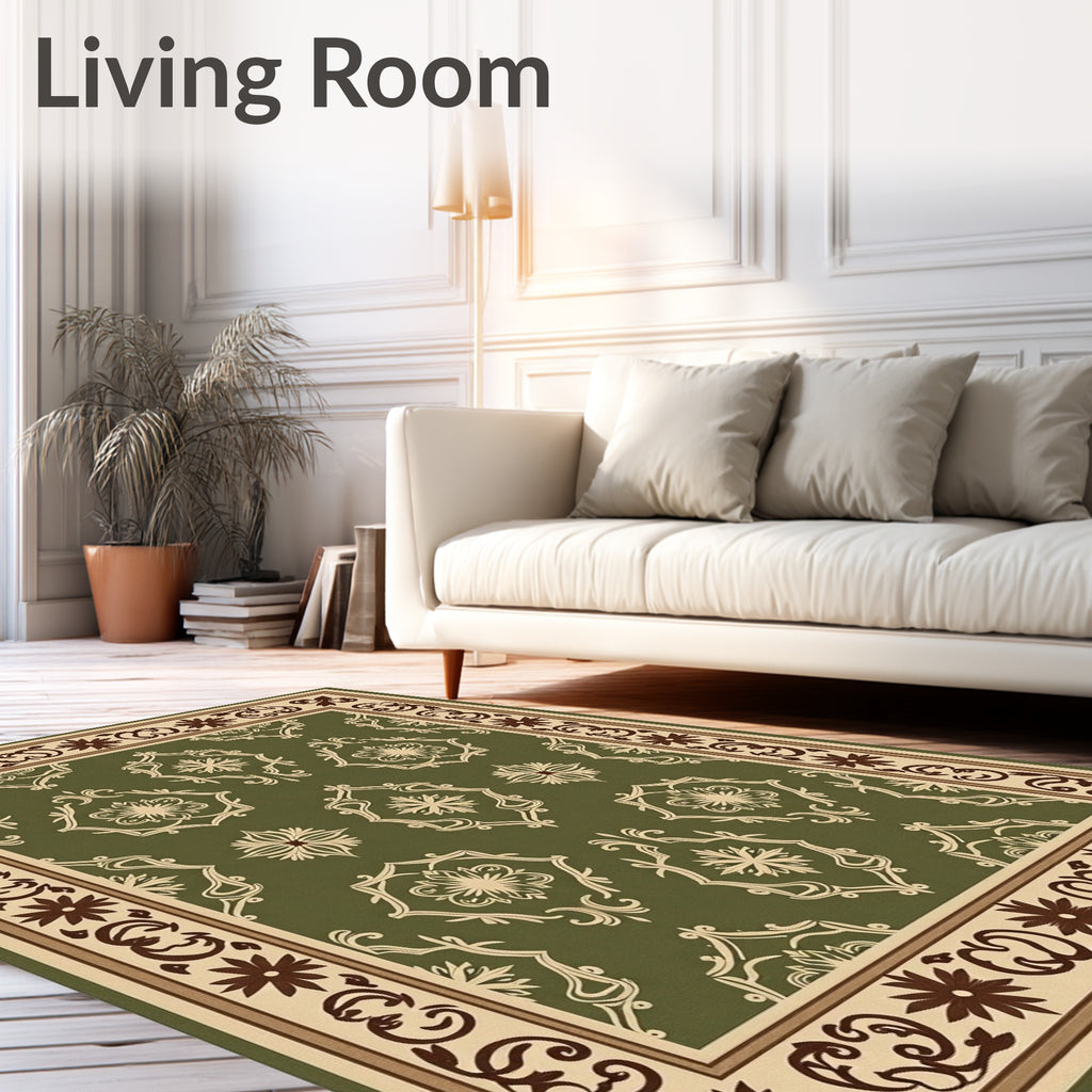 Classic Green Damask Scroll Border Rug