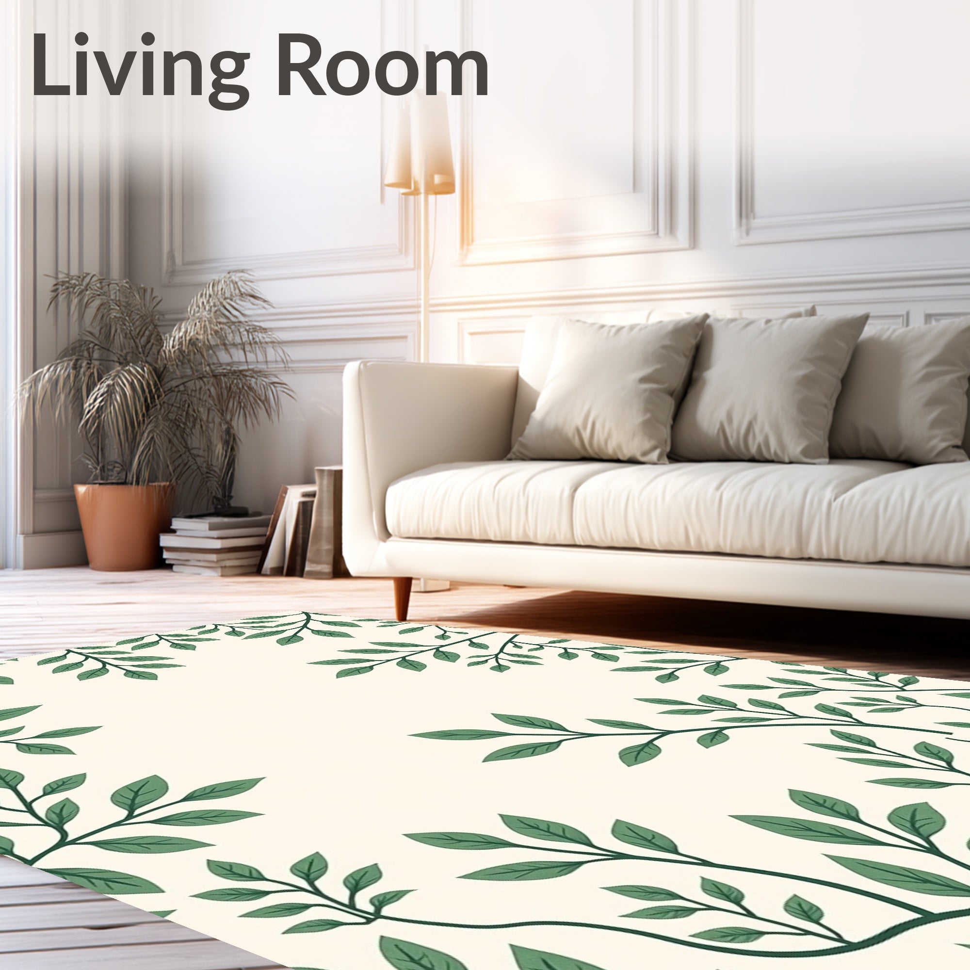 Cream Green Leafy Branch Pattern Rug