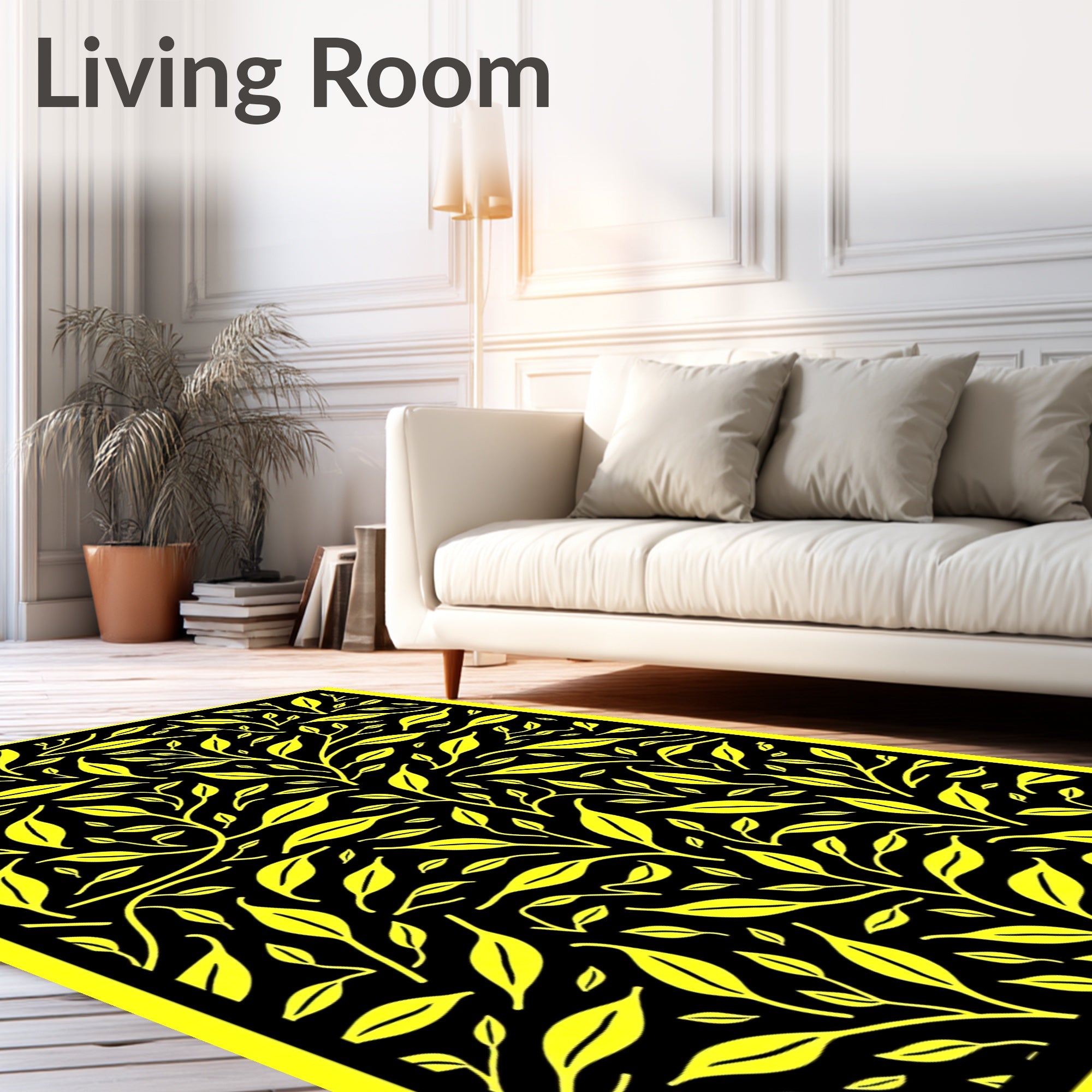 Vibrant Yellow Leafy Branch Pattern Rug