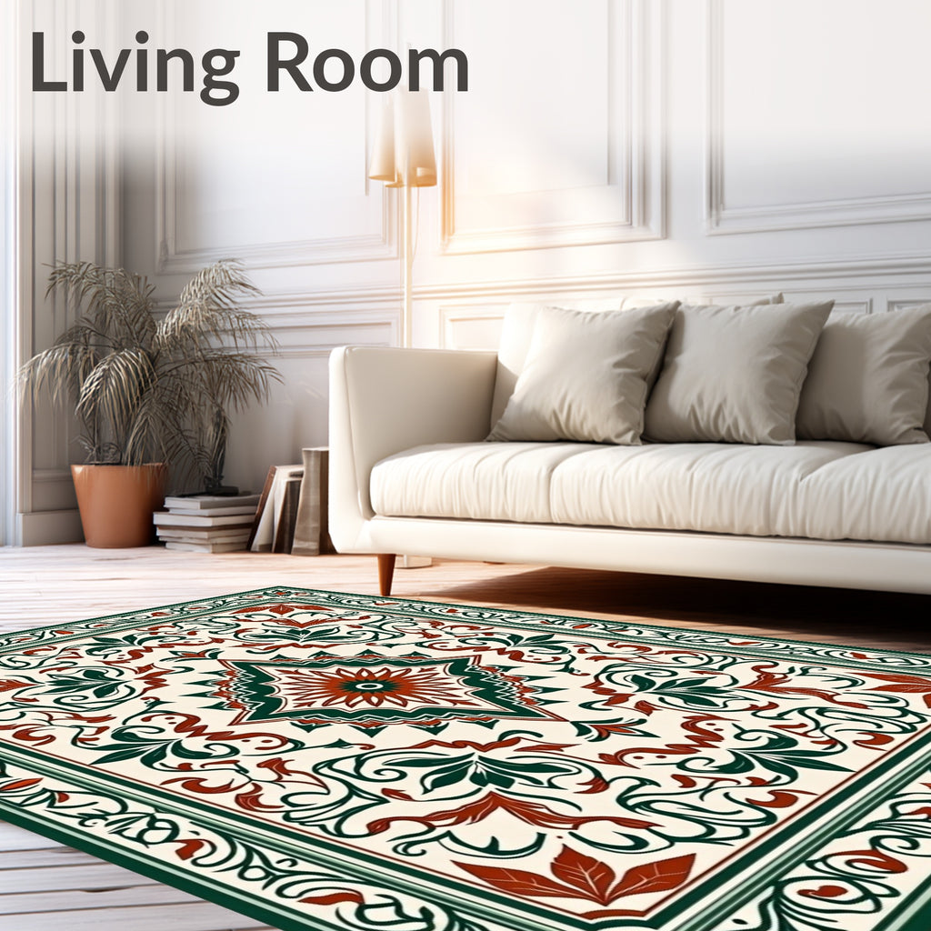 Ornate Floral Bordered Geometric Rug