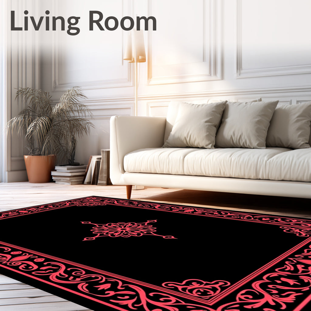 Ornate Red Floral Frame Design Rug