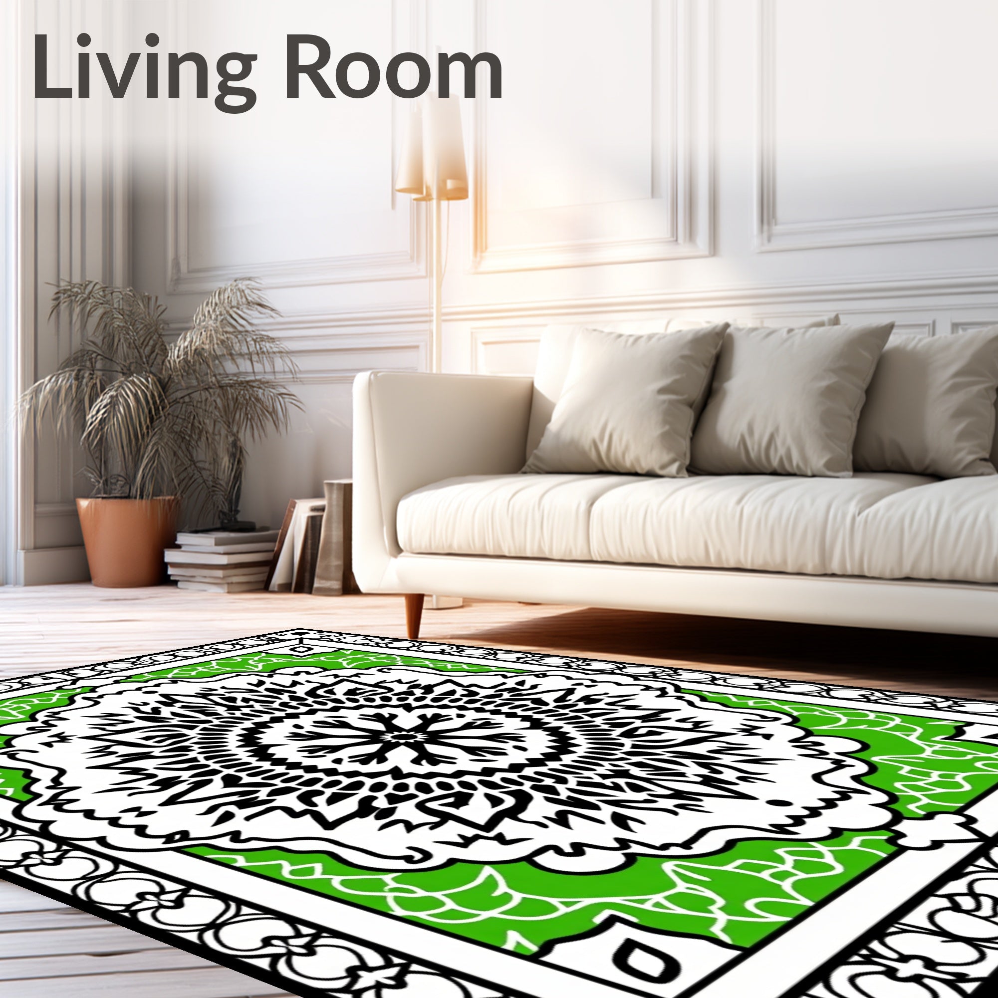 Black White Green Mandala Pattern Rug