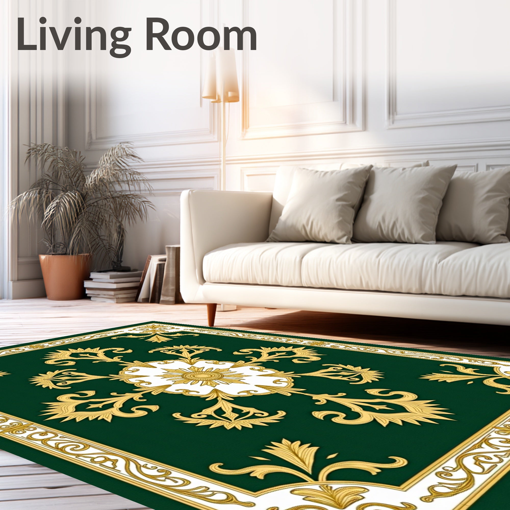 Elegant Golden Floral Emerald Pattern Rug