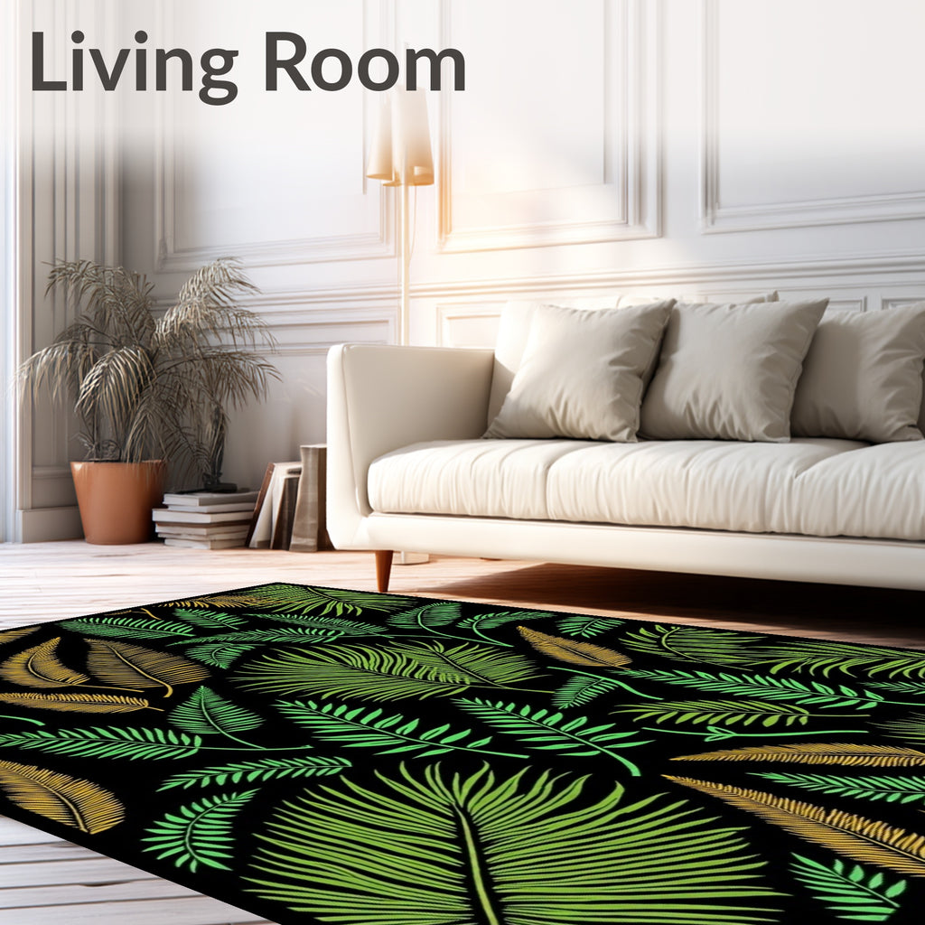Tropical Foliage Black Gold Green Rug