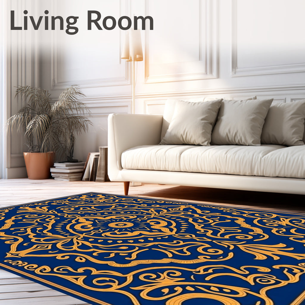 Rich Blue Gold Ornate Scroll Rug