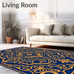 Rich Blue Gold Ornate Scroll Rug