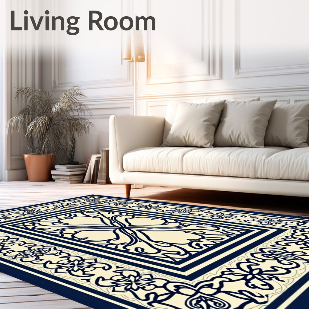 Ornate Floral Bordered Ivory Rug