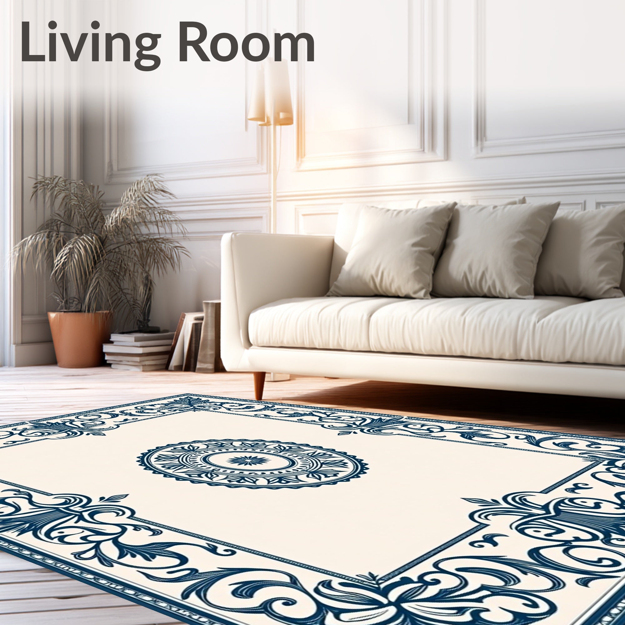 Elegant Blue Floral Medallion Frame Rug