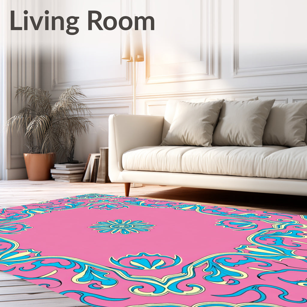 Pink And Blue Floral Scrollwork Rug