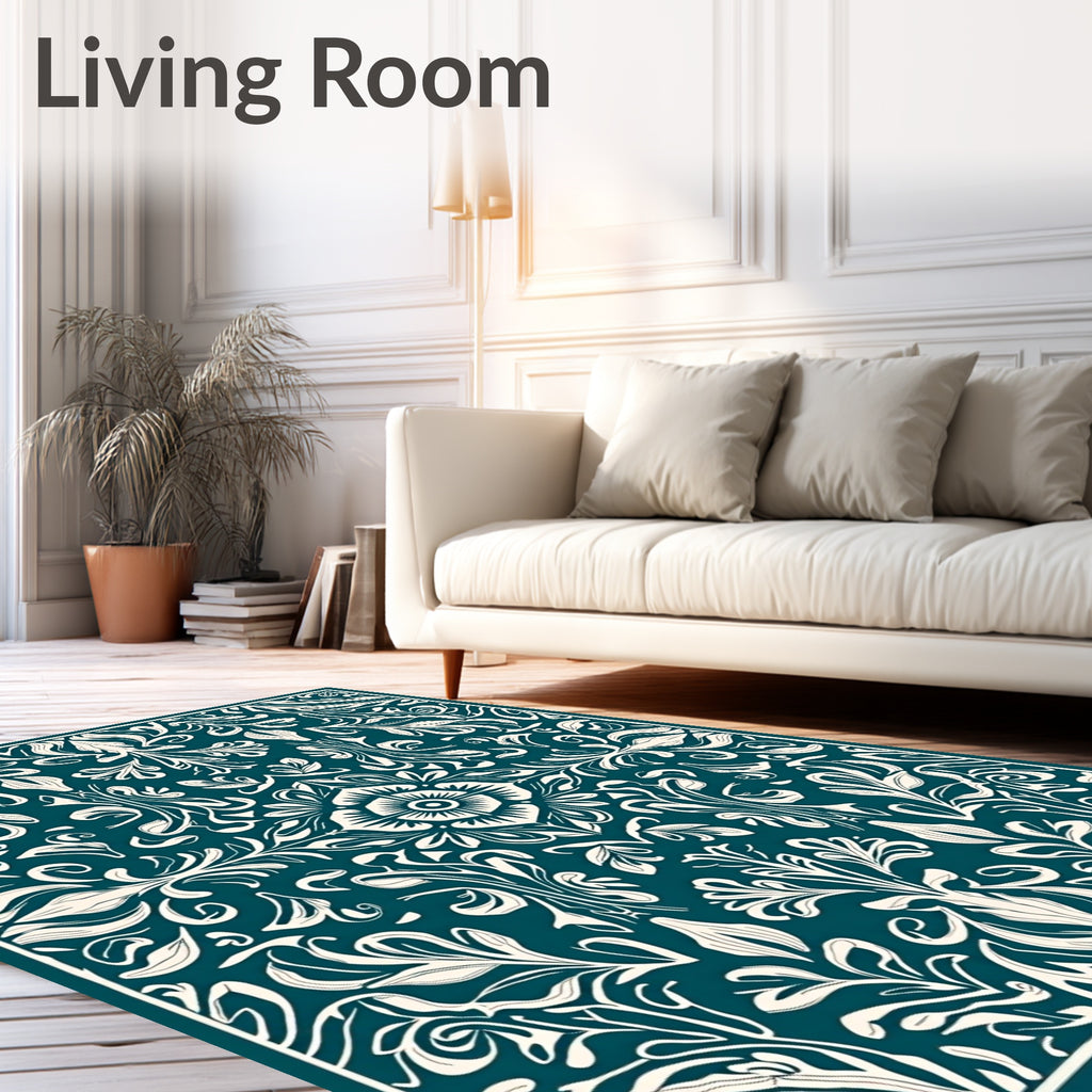 Elegant Teal Floral Swirl Pattern Rug