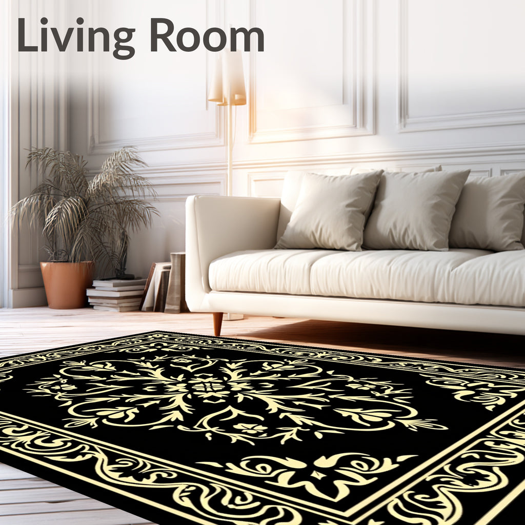 Ornamental Black Gold Floral Pattern Rug