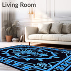 Ornate Blue Floral Scroll Pattern Rug
