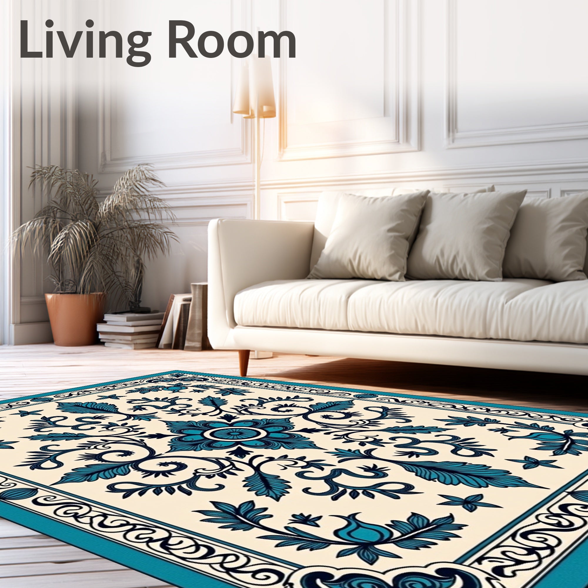 Ornate Teal Floral Scrollwork Design Rug