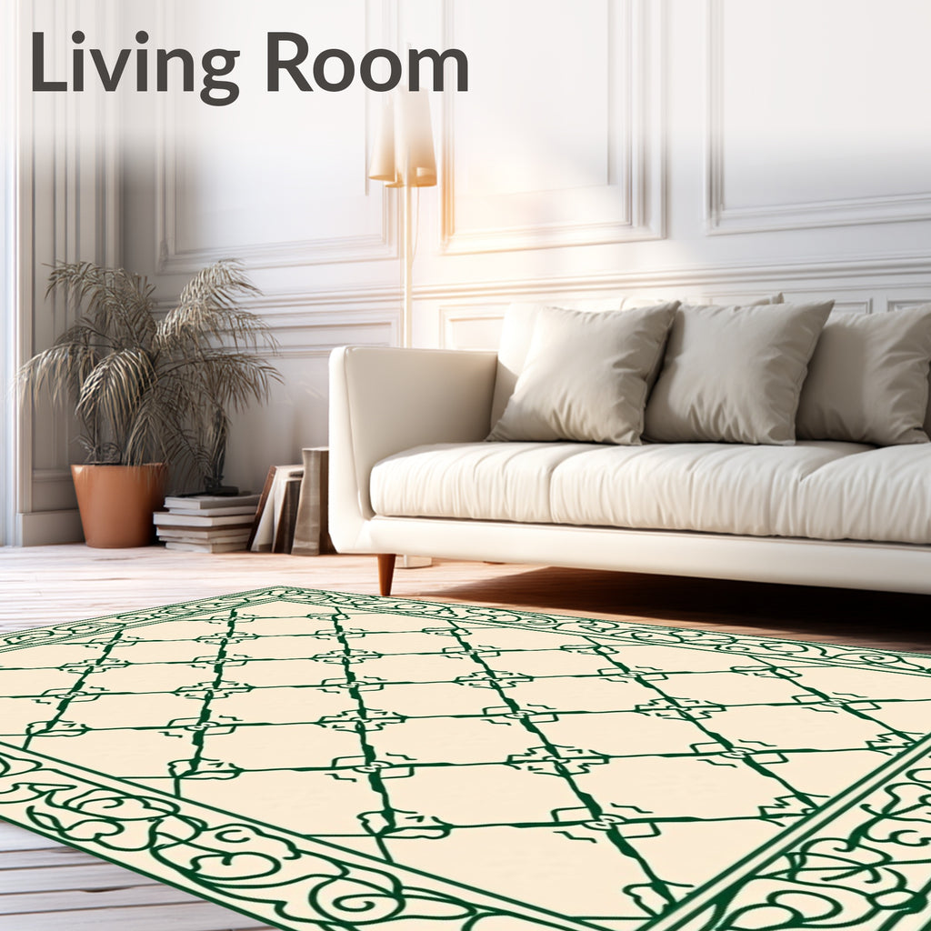 Ornate Cream Green Diamond Border Rug