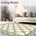 Ornate Cream Green Diamond Border Rug