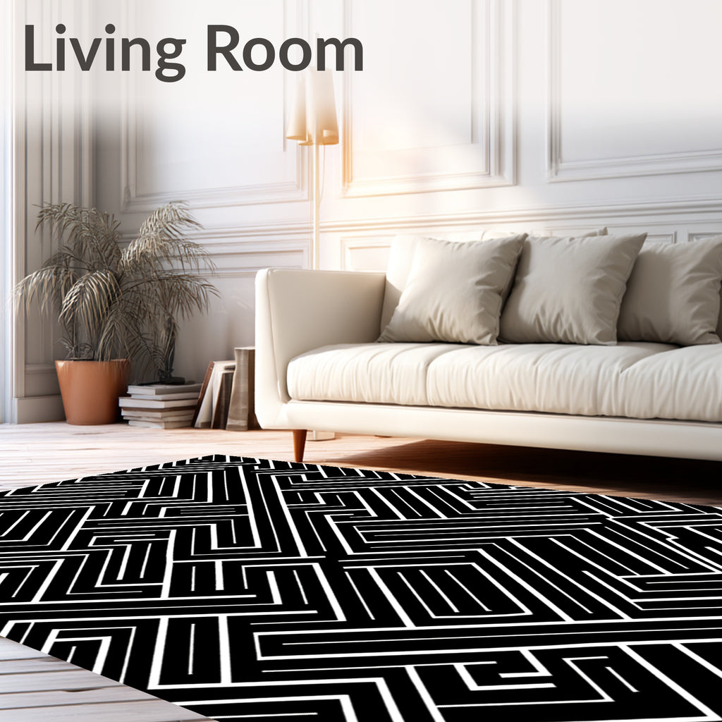 Bold Black White Geometric Maze Design Rug