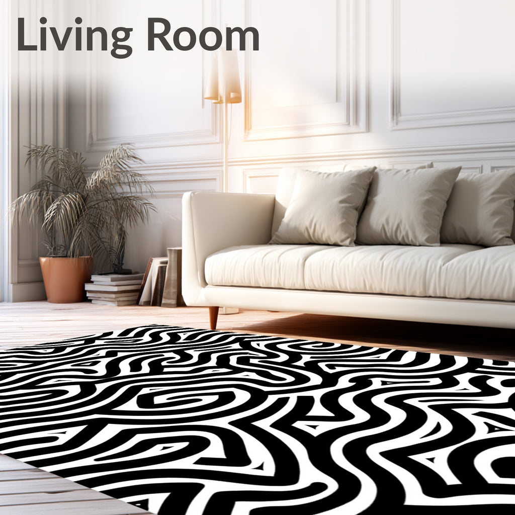 Black White Interlocking Wavy Lines Rug