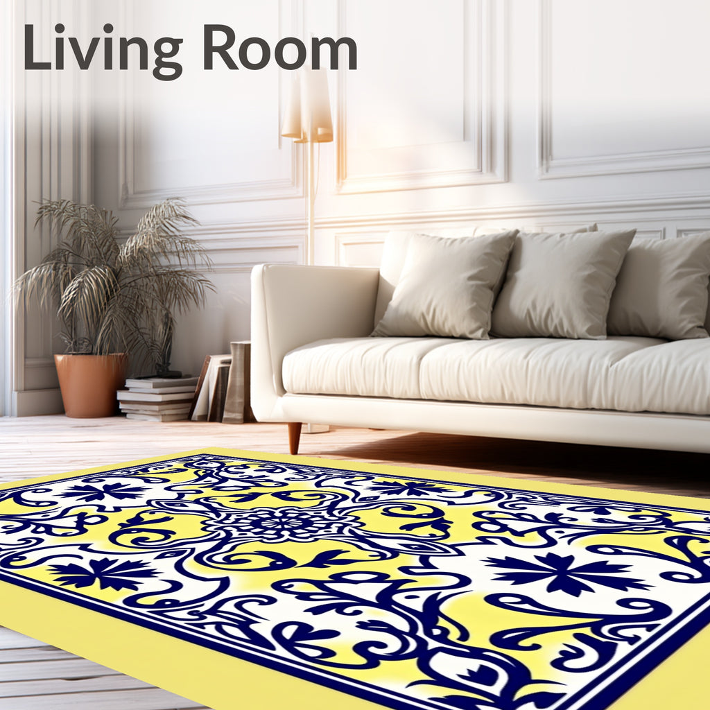 Ornate Blue Yellow Floral Patterned Rug