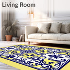 Ornate Blue Yellow Floral Patterned Rug