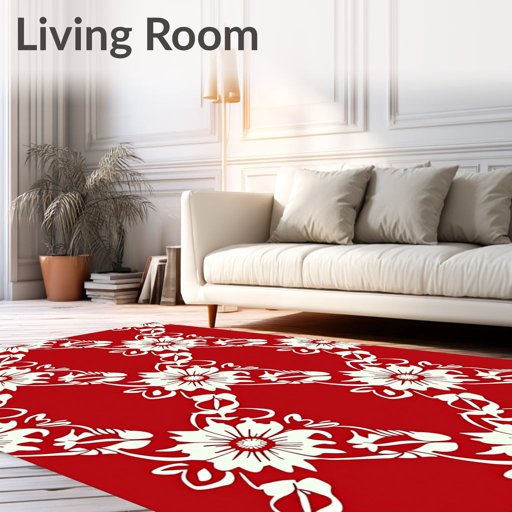 Ornate Floral Vines Red White Pattern Rug