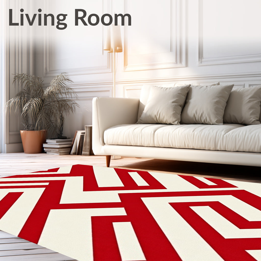 Bold Red White Geometric Maze Pattern Rug