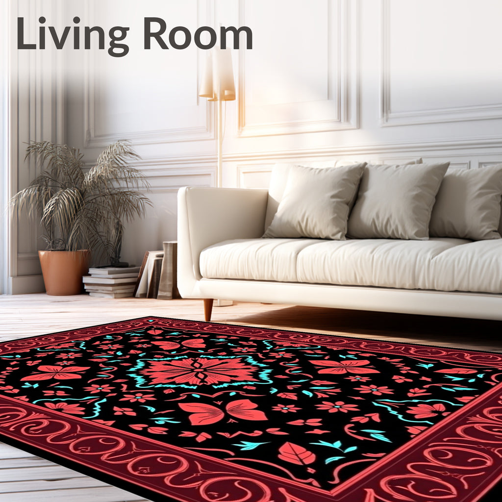 Rich Red Coral Floral Scroll Pattern Rug
