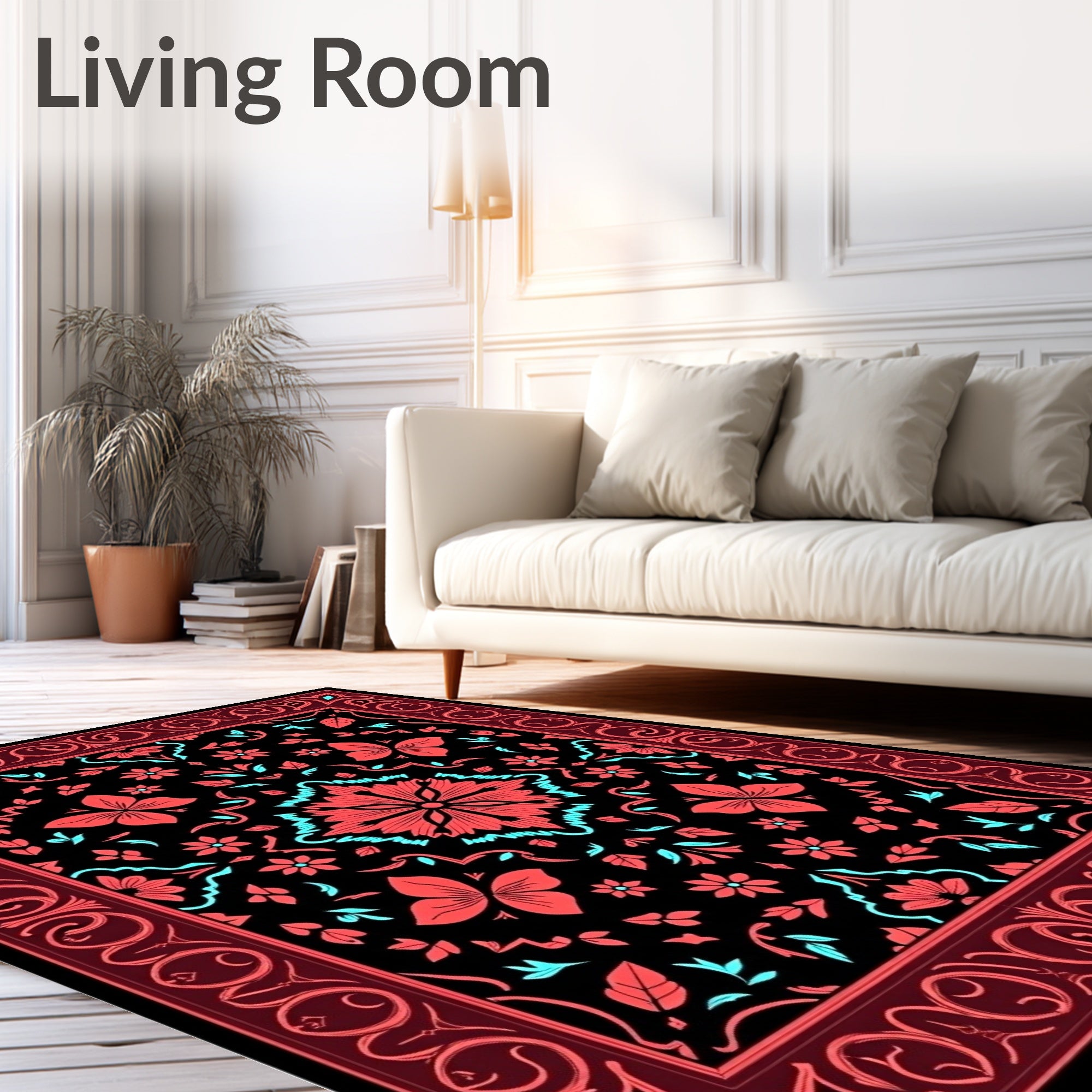 Rich Red Coral Floral Scroll Pattern Rug