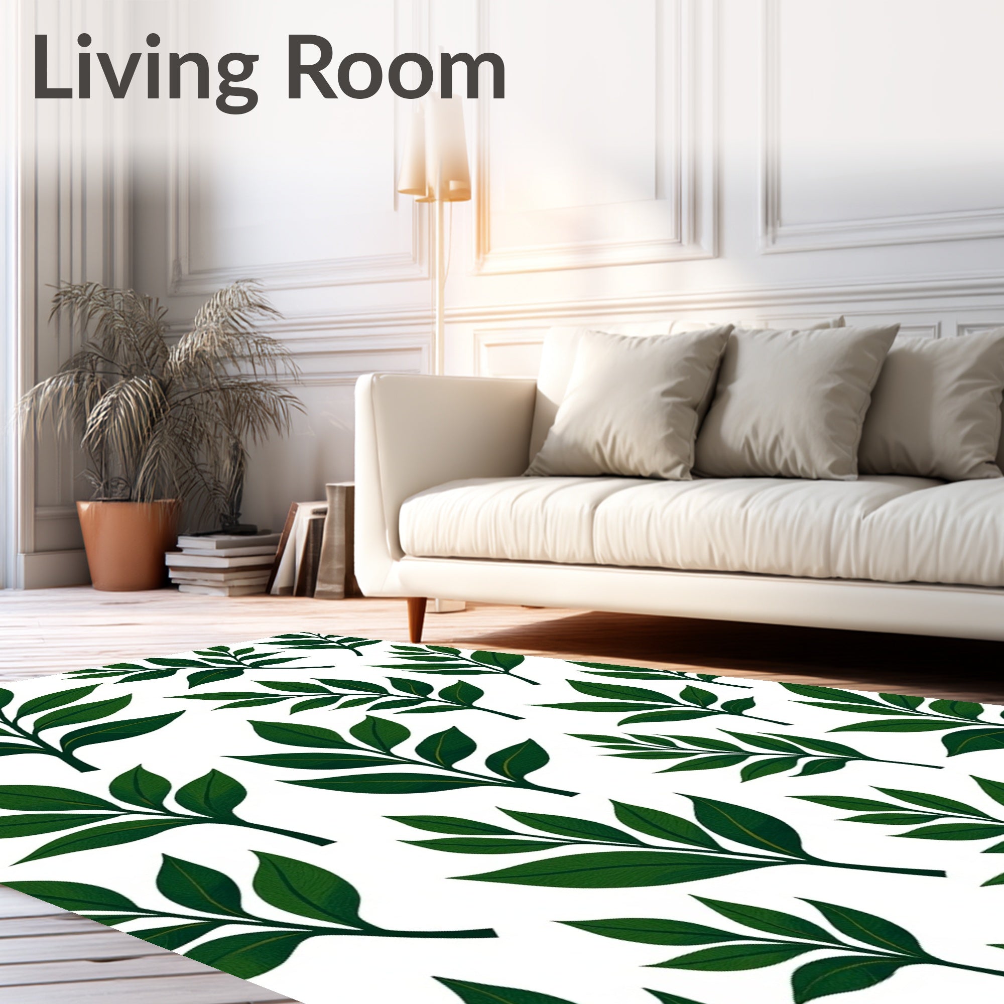 Dark Green Leaf Patterned Design Rug