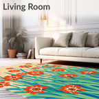 Whimsical Orange Flowers In Green Field Rug