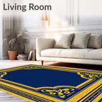 Ornate Blue Gold Geometric Border Rug