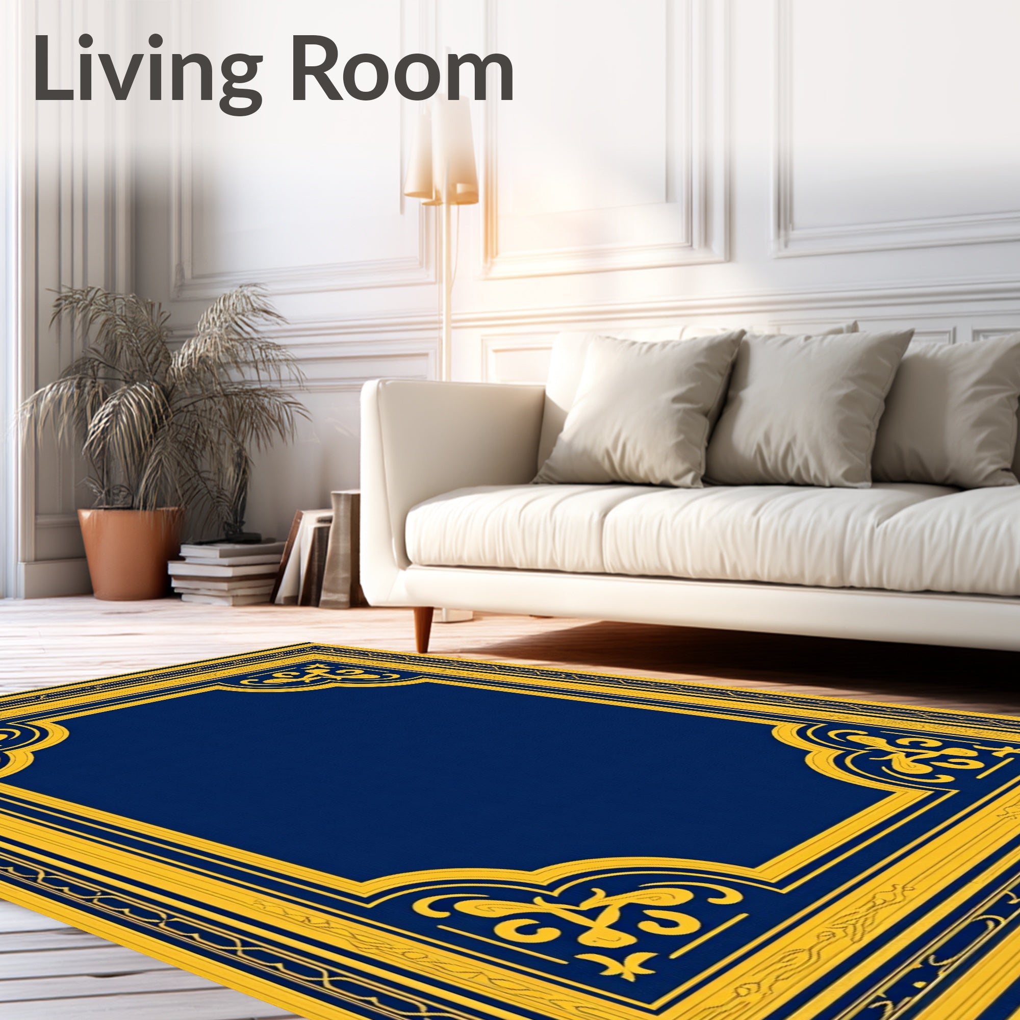 Ornate Blue Gold Geometric Border Rug