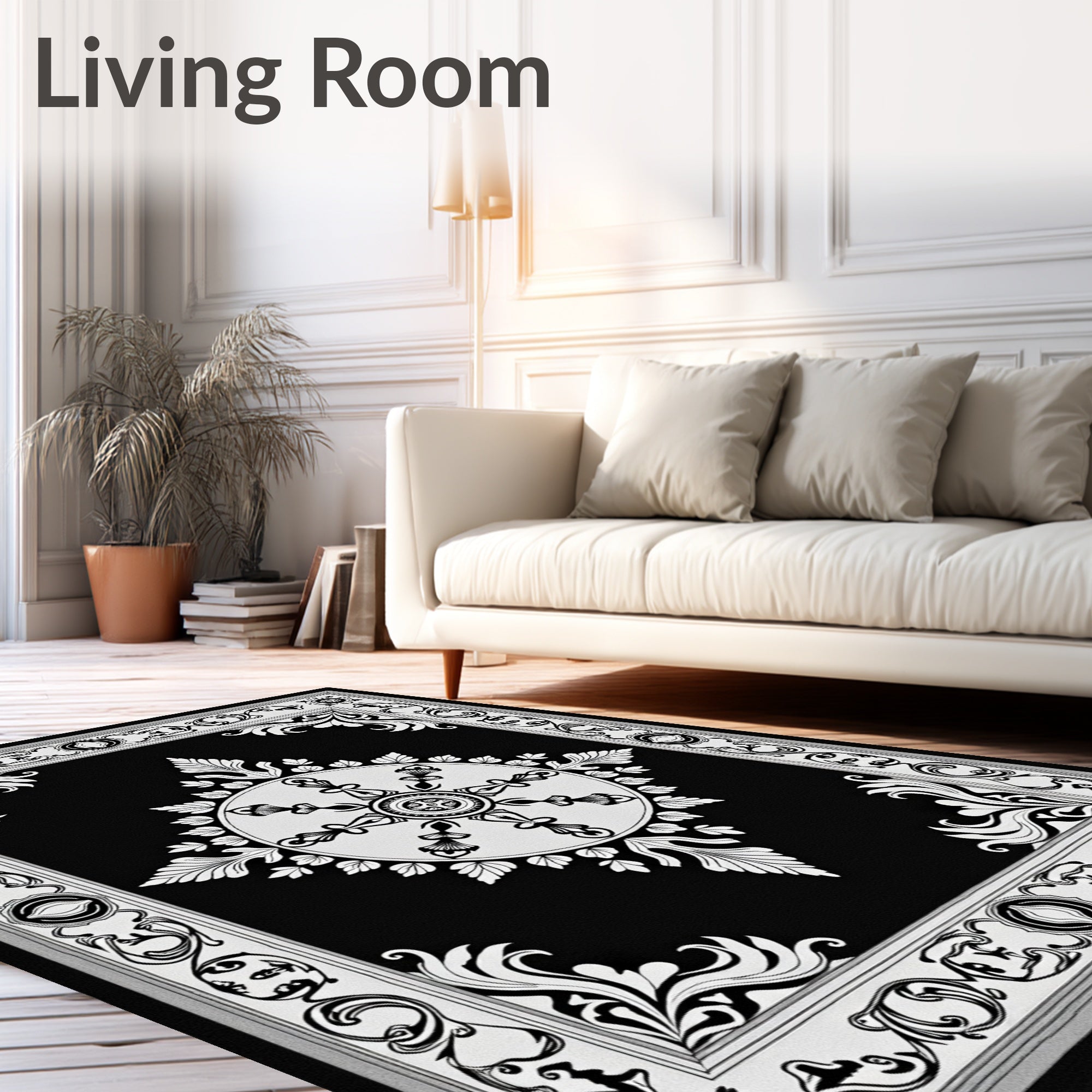 Ornate Black White Mandala Design Rug