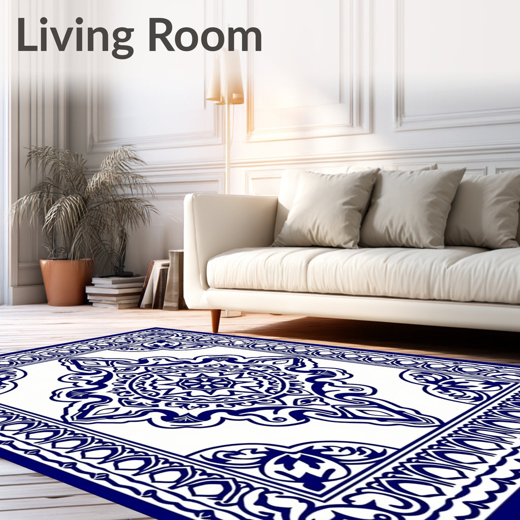 Classic Blue White Intricate Floral Design Rug