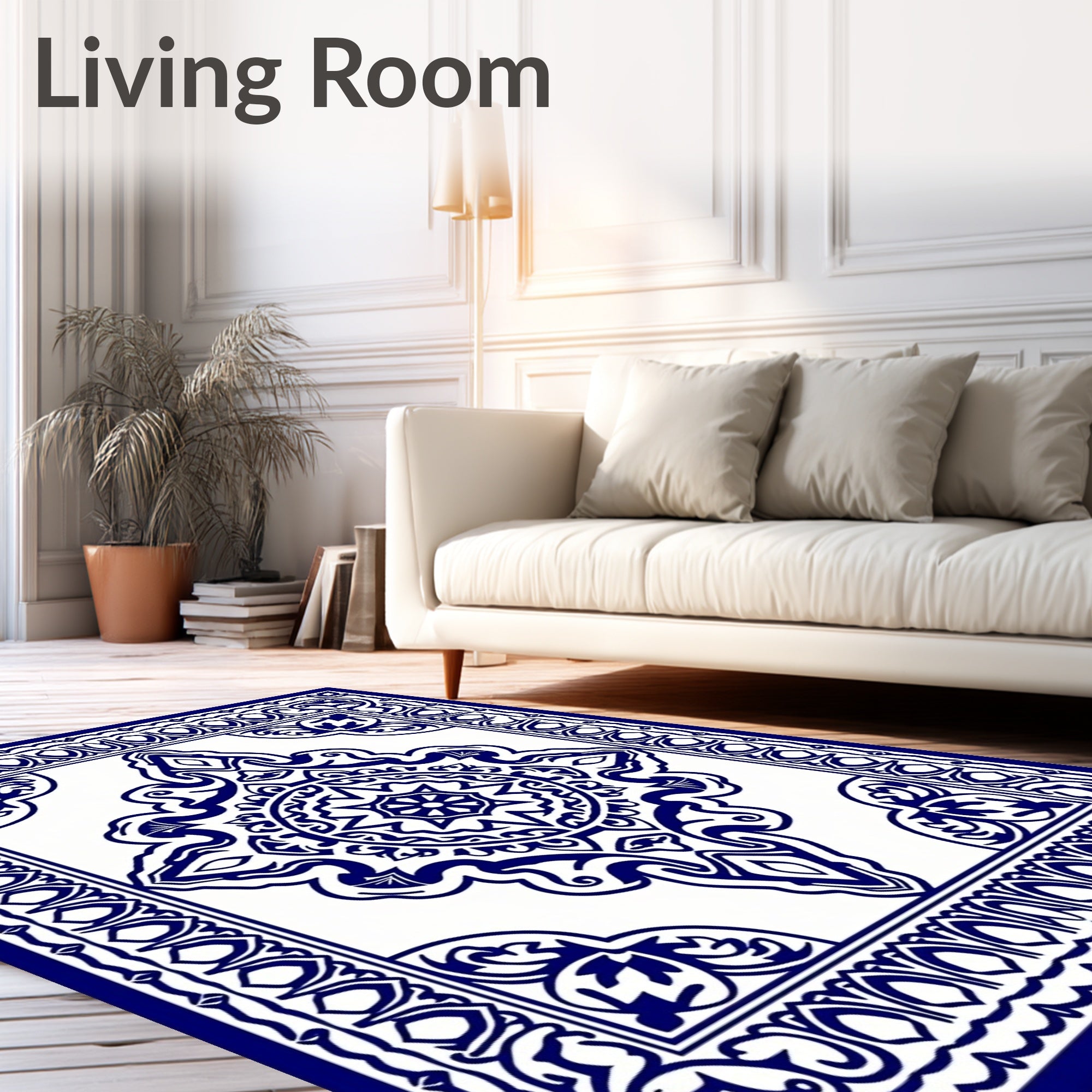 Classic Blue White Intricate Floral Design Rug