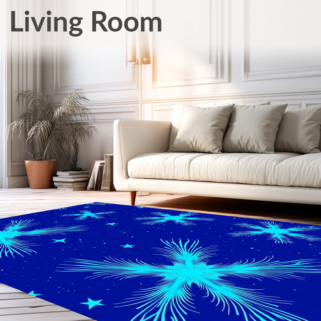 Cyan Starburst Pattern on Blue Background Rug