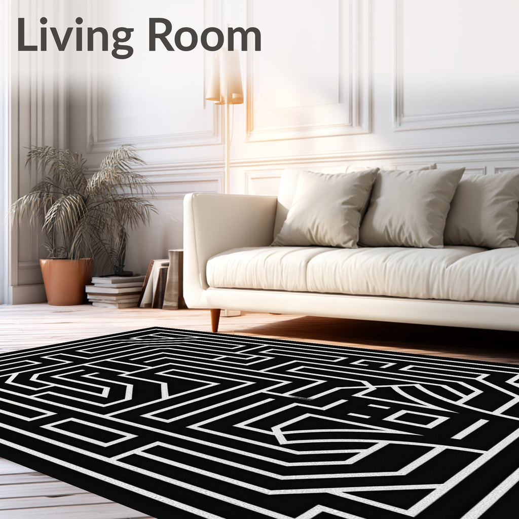 Geometric Maze Black And White Pattern Rug