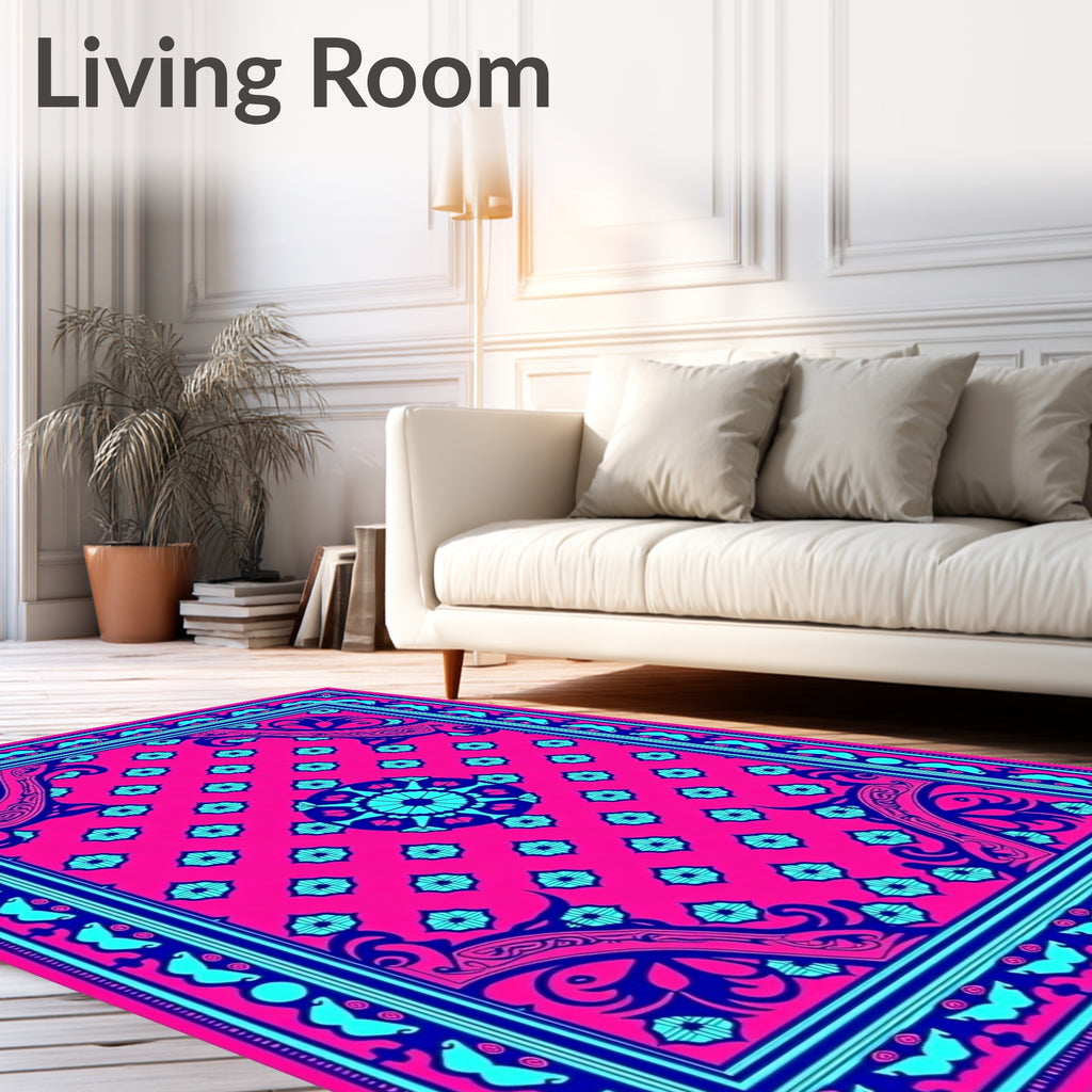 Vibrant Pink Blue Floral Mandala Design Rug