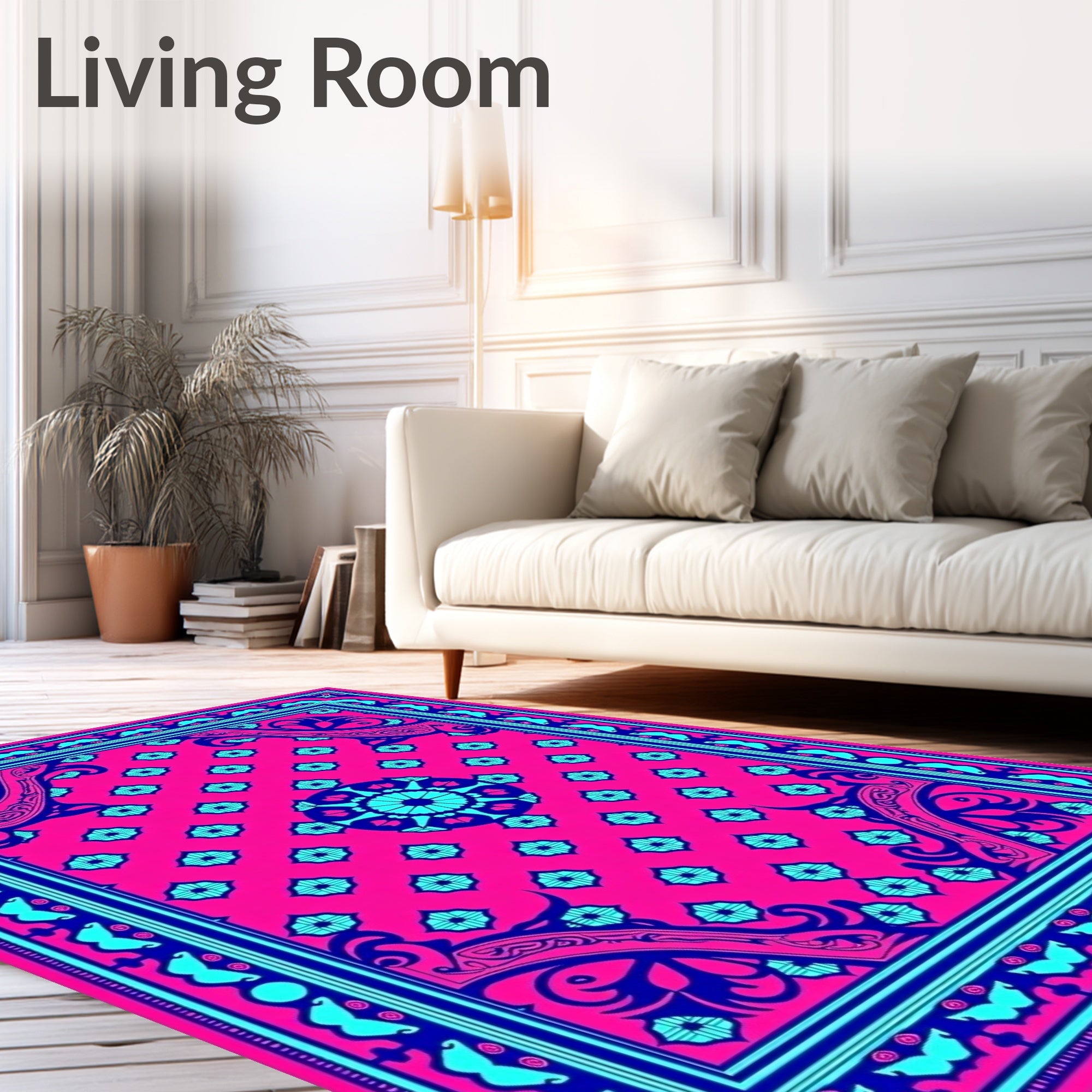 Vibrant Pink Blue Floral Mandala Design Rug