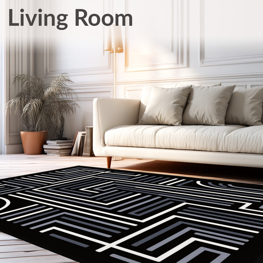 Monochrome Geometric Maze Design Rug