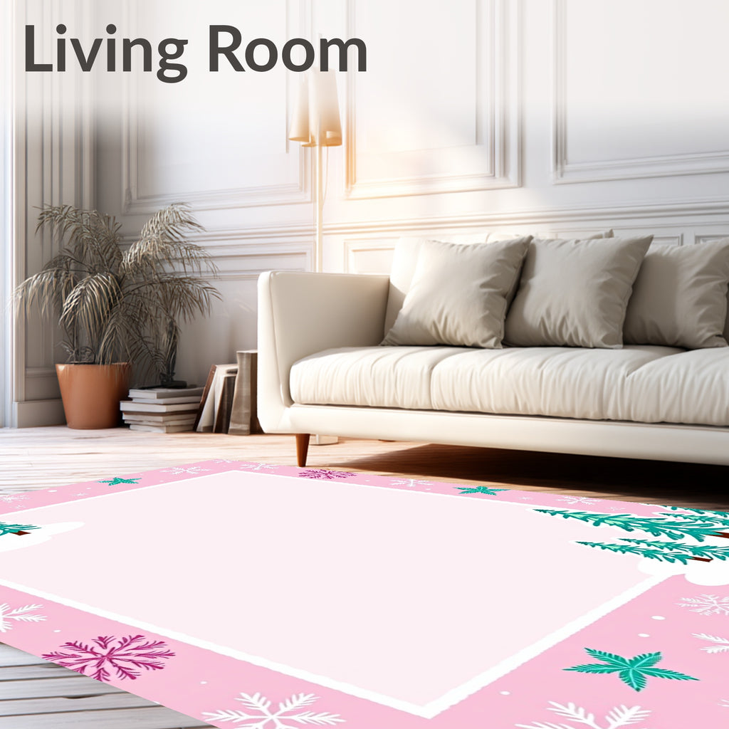 Pink Snowy Pine Forest Snowflakes Rug