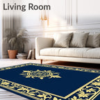 Elegant Blue Gold Floral Border Rug