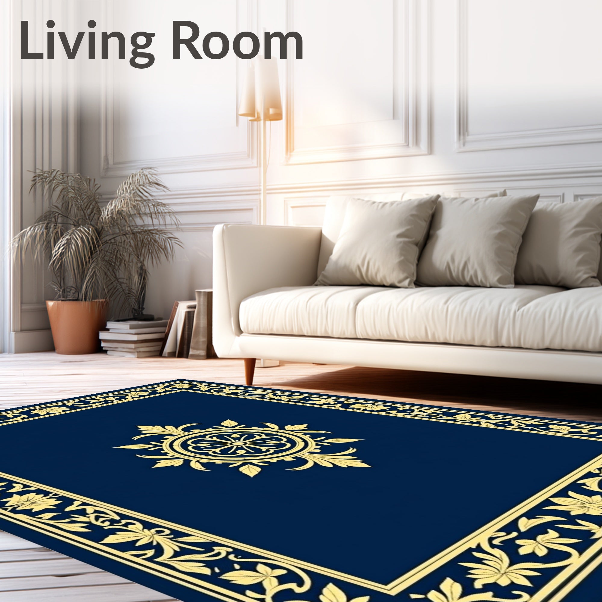 Elegant Blue Gold Floral Border Rug