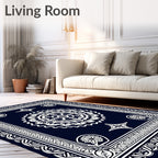 Ornate White Mandala Dark Blue Rug