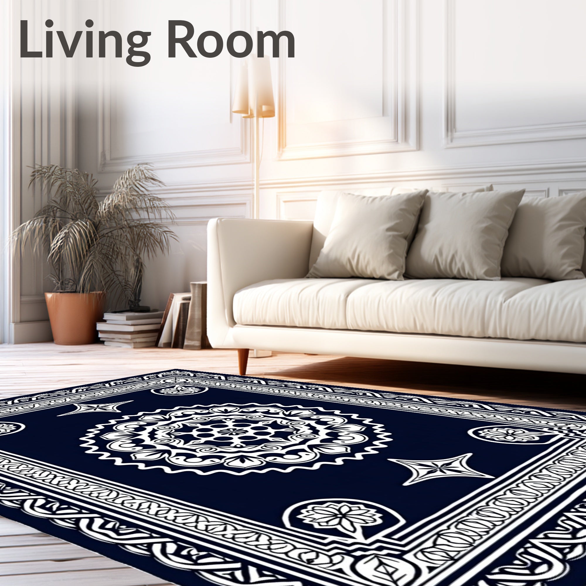 Ornate White Mandala Dark Blue Rug