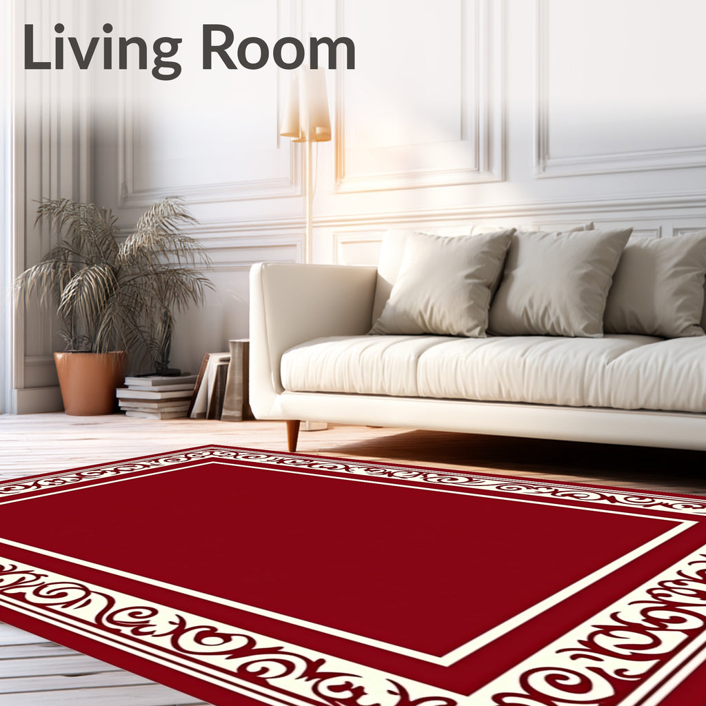 Ornate Scrollwork Crimson Frame Rug