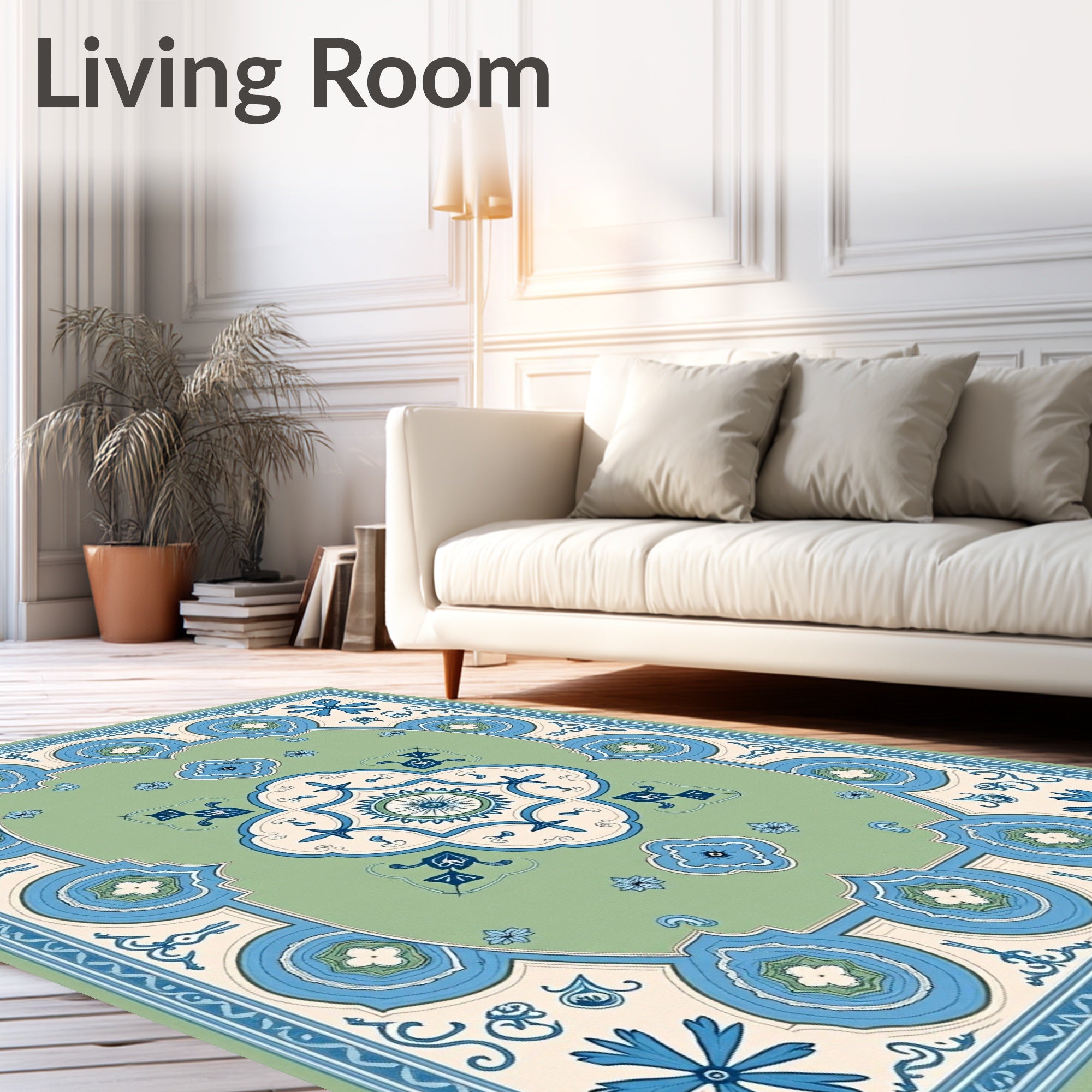 Ornate Floral Blue Cream Green Rug