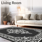 Ornate Black White Scroll Pattern Rug
