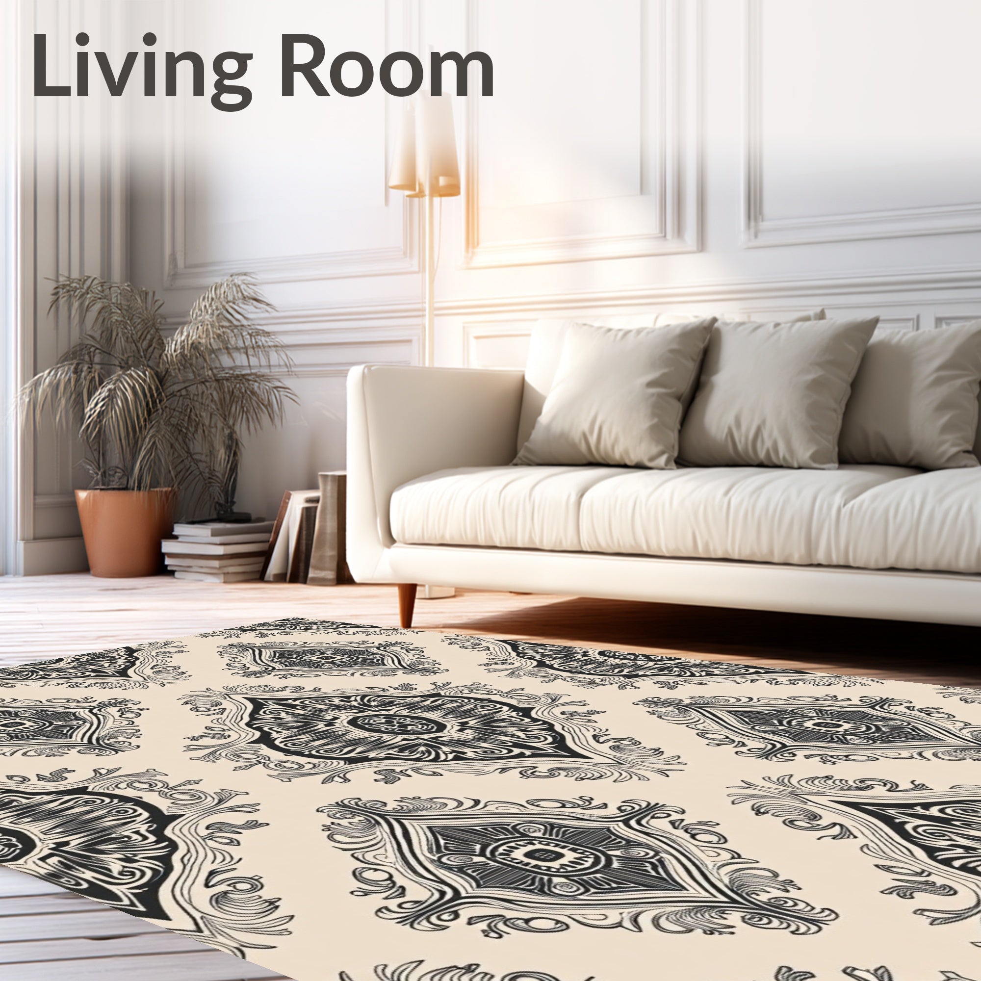 Ornate Black Beige Damask Pattern Rug