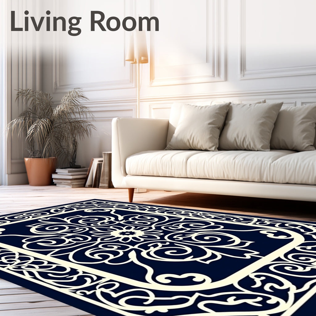 Ornate Navy White Floral Scroll Rug