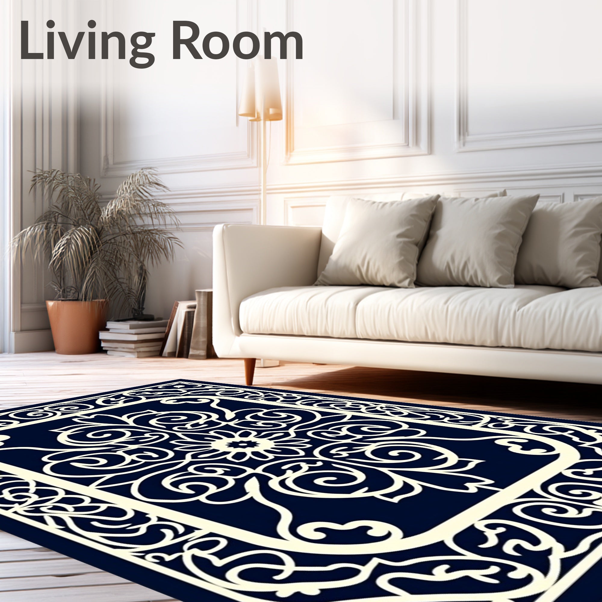 Ornate Navy White Floral Scroll Rug